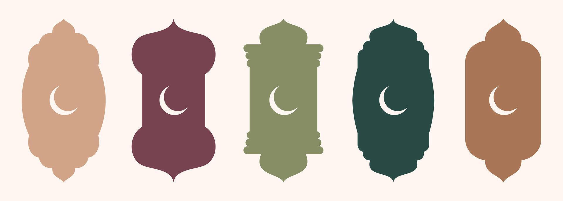 Islamic shape of door or window silhouette Arabic arch. Collection of patterns in oriental style. Frames in Arabic Muslim design for Ramadan Kareem. Vector mosque gate shape isolated on background.