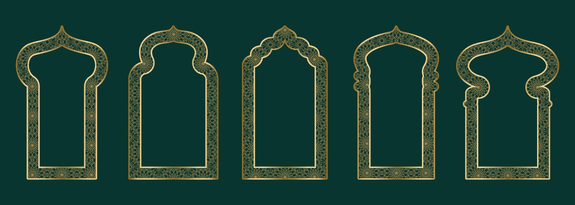 Gold ornamental arch frame shape Islamic door or window with geometric girikh pattern, silhouette Arabic arch. Luxury set in oriental style. Frames in Arabic Muslim design for Ramadan Kareem. Vector