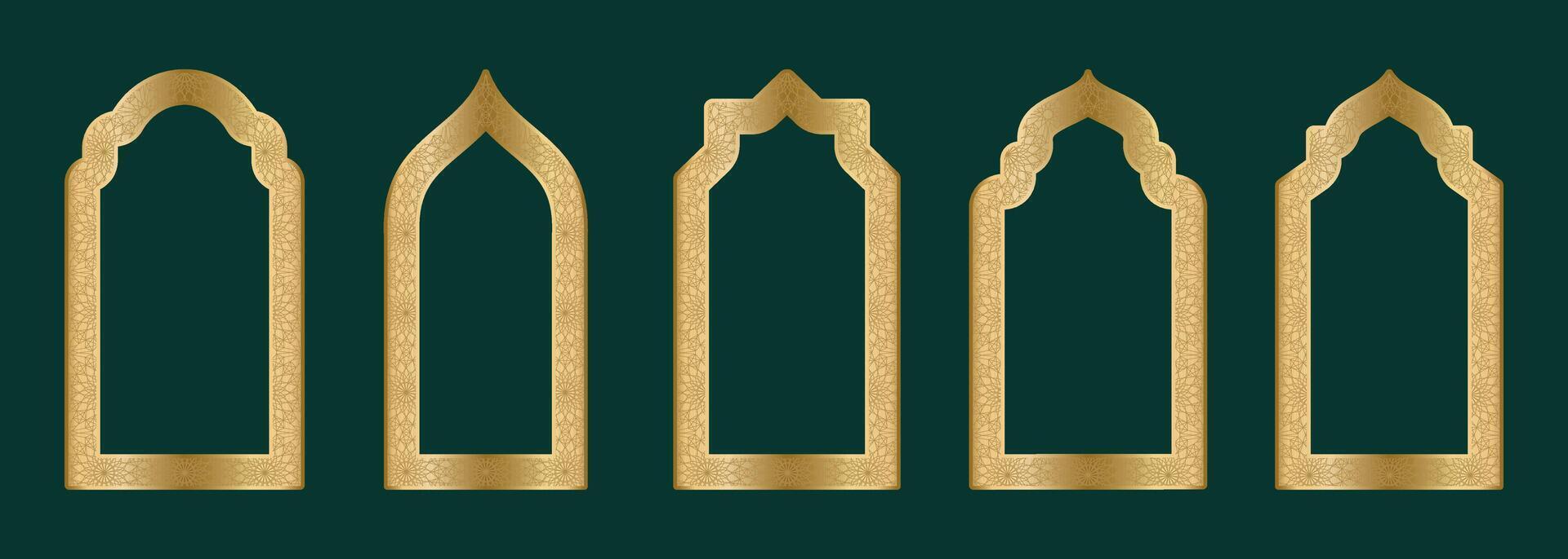 oro ornamental arco marco forma islámico puerta o ventana con geométrico girikh patrón, silueta Arábica arco. lujo conjunto en oriental estilo. marcos en Arábica musulmán diseño para Ramadán kareem vector