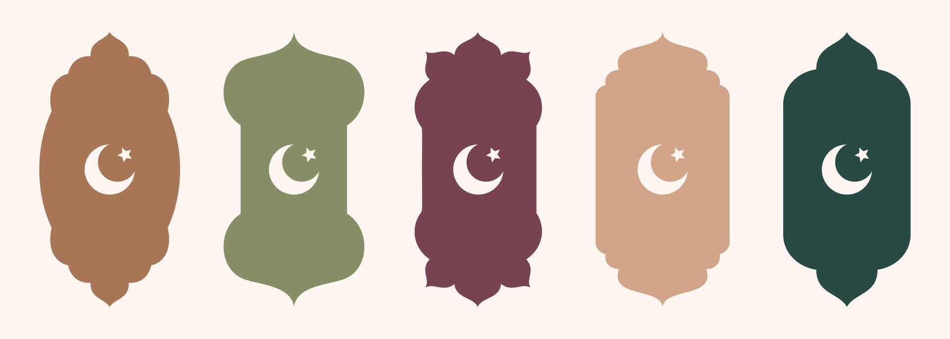 Islamic shape of door or window silhouette Arabic arch. Collection of patterns in oriental style. Frames in Arabic Muslim design for Ramadan Kareem. Vector mosque gate shape isolated on background.
