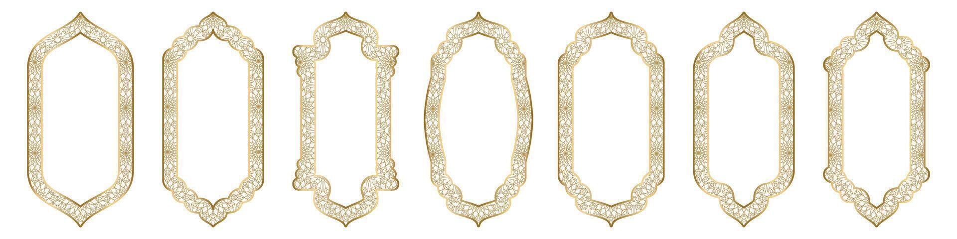 Gold ornamental arch frame shape Islamic door or window with geometric girikh pattern, silhouette Arabic arch. Luxury set in oriental style. Frames in Arabic Muslim design for Ramadan Kareem. Vector
