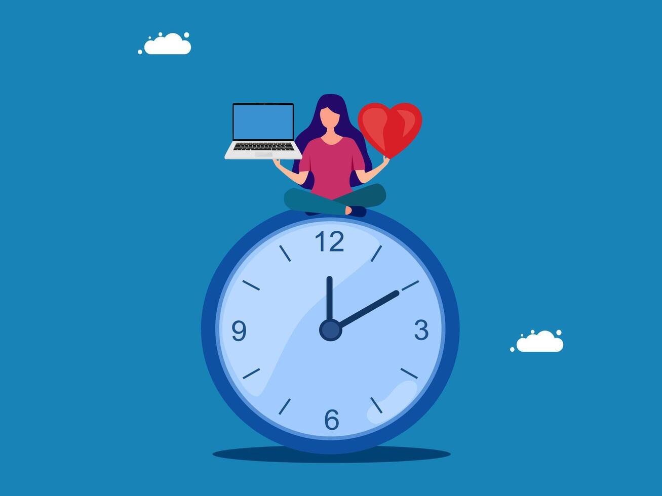 woman with laptop while doing yoga or meditating on the clock vector