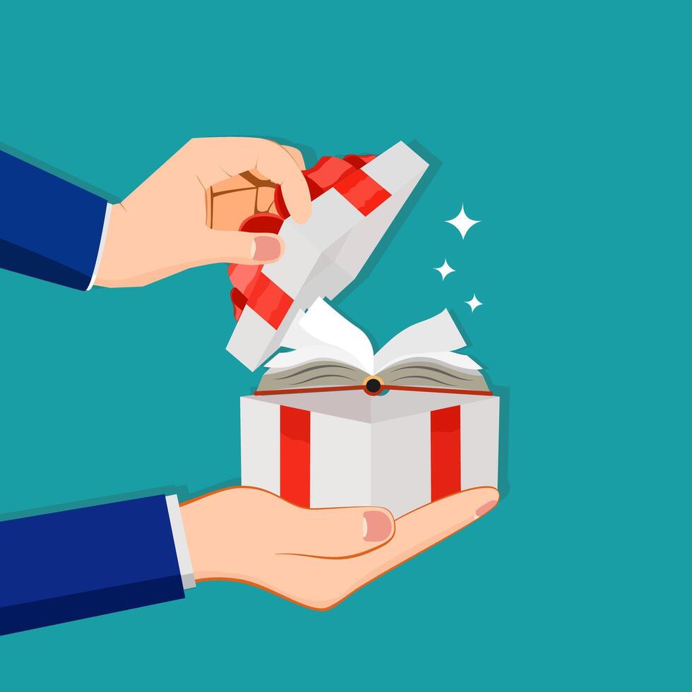 Gift box in the hand of a businessman. Provide books vector