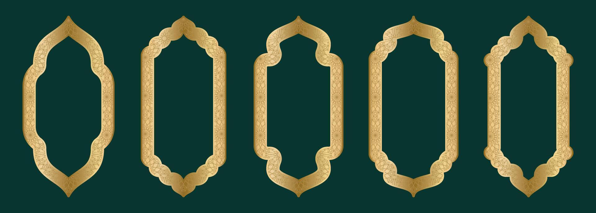 Gold ornamental arch frame shape Islamic door or window with geometric girikh pattern, silhouette Arabic arch. Luxury set in oriental style. Frames in Arabic Muslim design for Ramadan Kareem. Vector