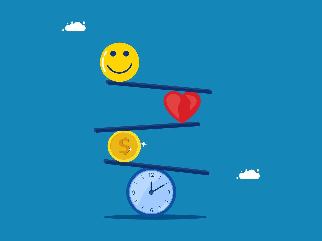 Balance your life. Balance happiness with clock, heart and money vector