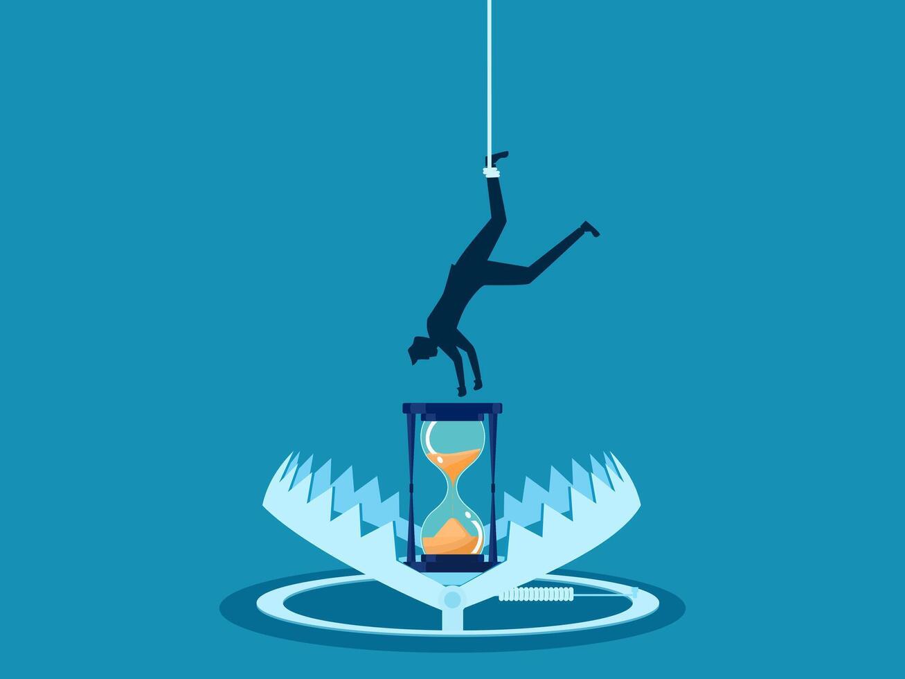 Time trap to fool people. Businessman picks up hourglass in trap. vector