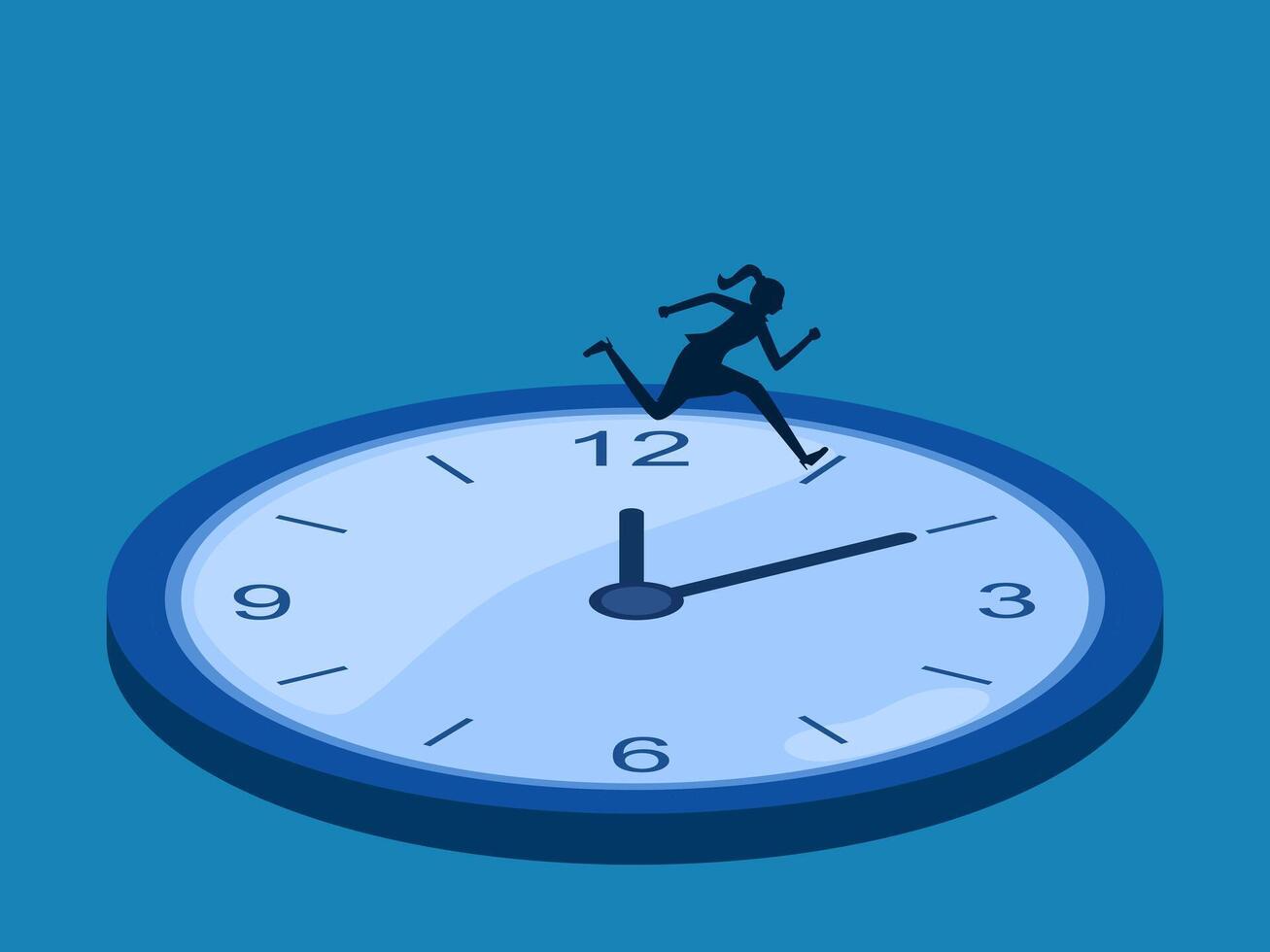 Urgent work. Businesswoman running fast on clock time vector