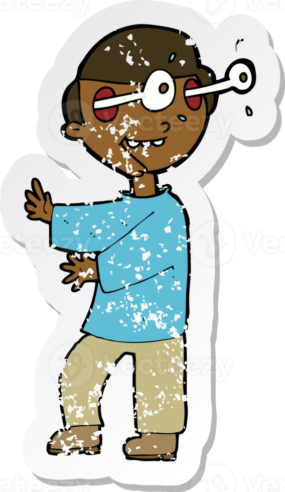 retro distressed sticker of a cartoon boy with popping out eyes png