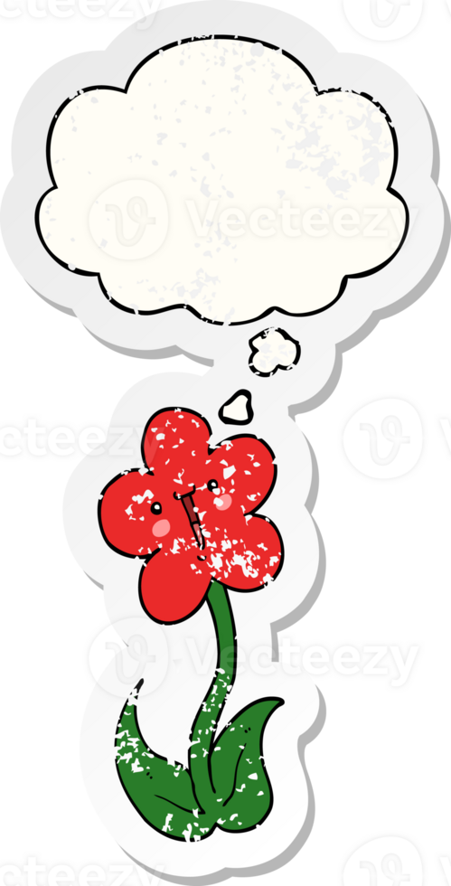 cartoon flower with thought bubble as a distressed worn sticker png