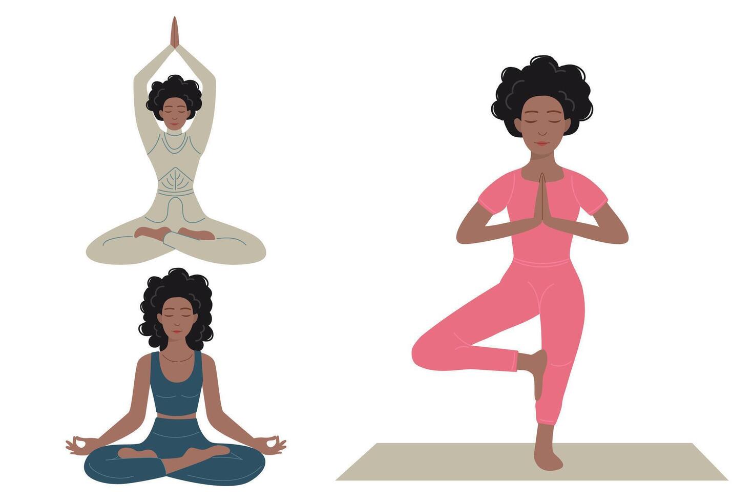 Collection of African American women sitting in yoga lotus pose vector