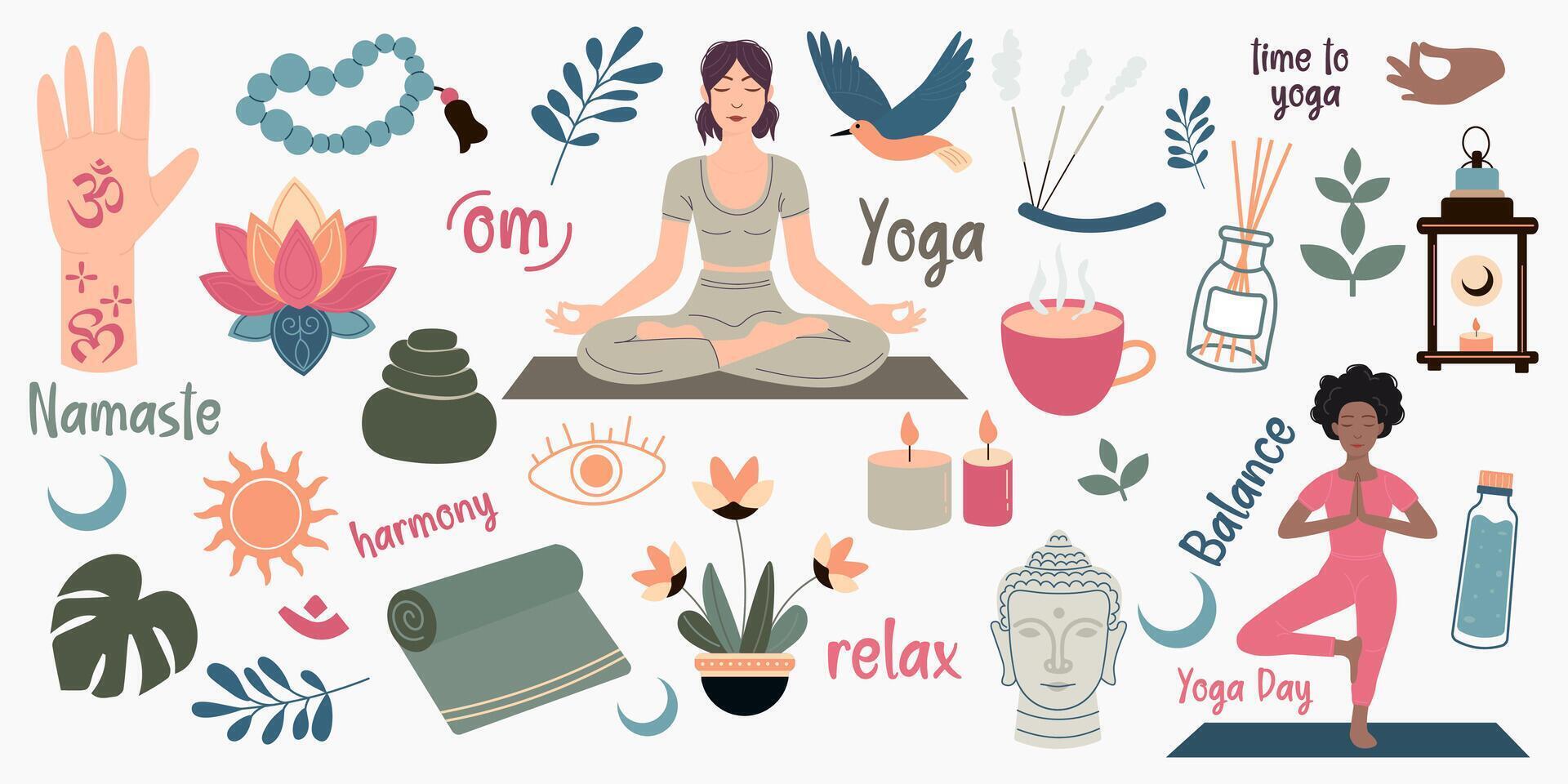 Set of yoga elements in flat style vector