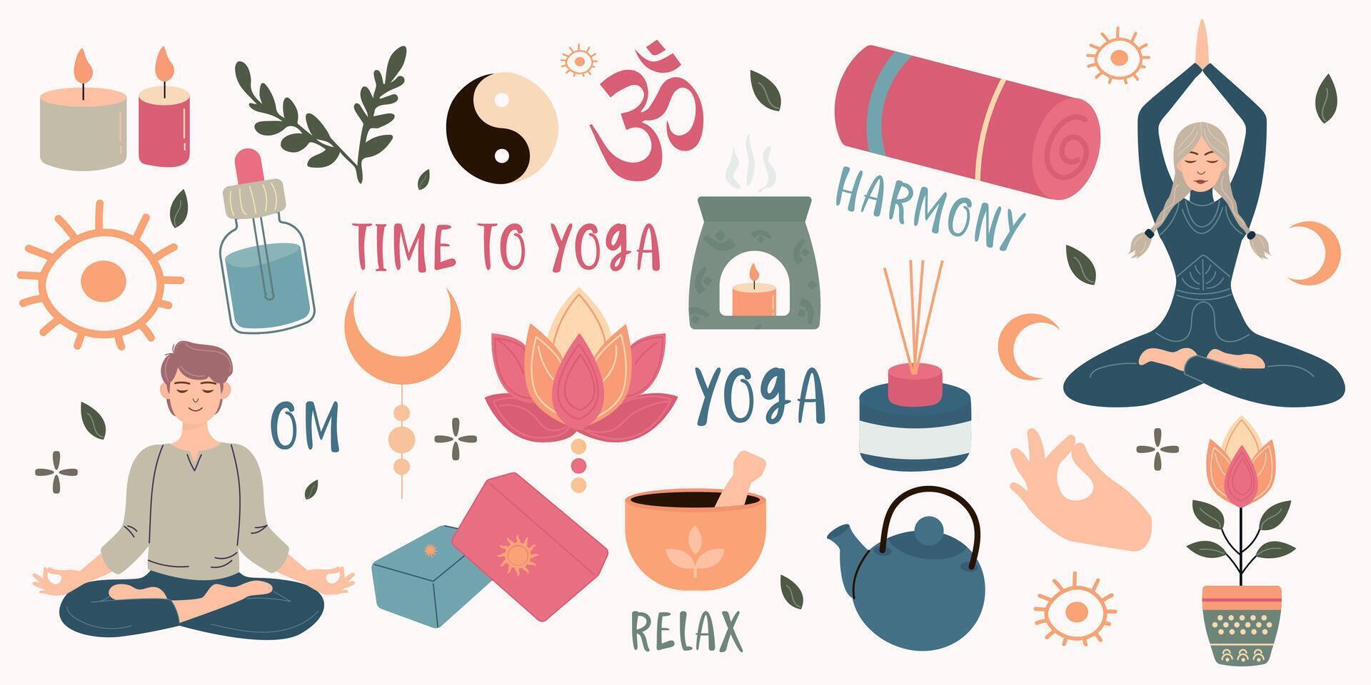 conjunto de hora yoga elementos en plano estilo vector