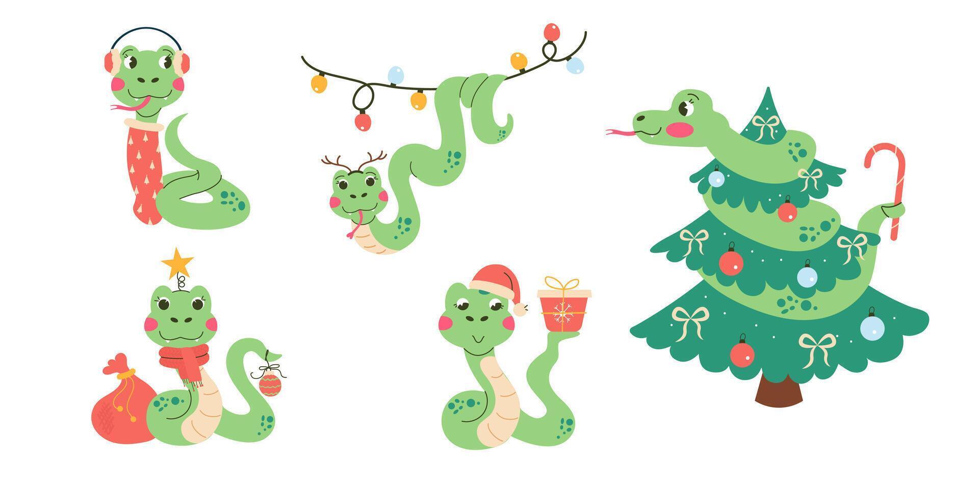conjunto dibujos animados personaje Navidad serpiente mano dibujado vector