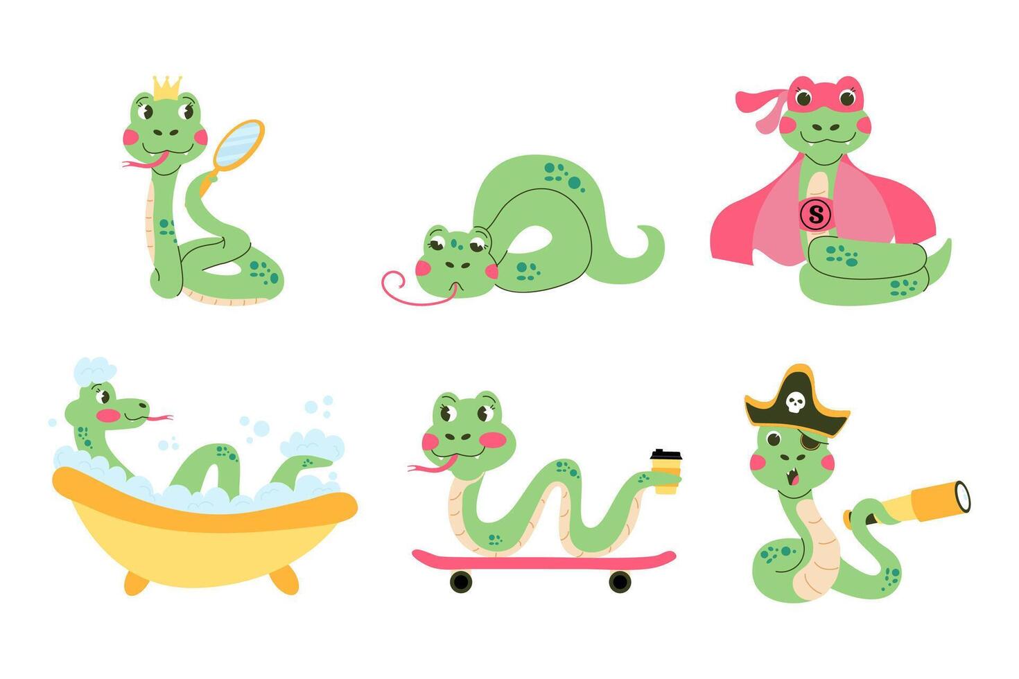conjunto linda dibujos animados personaje serpiente mano dibujado vector
