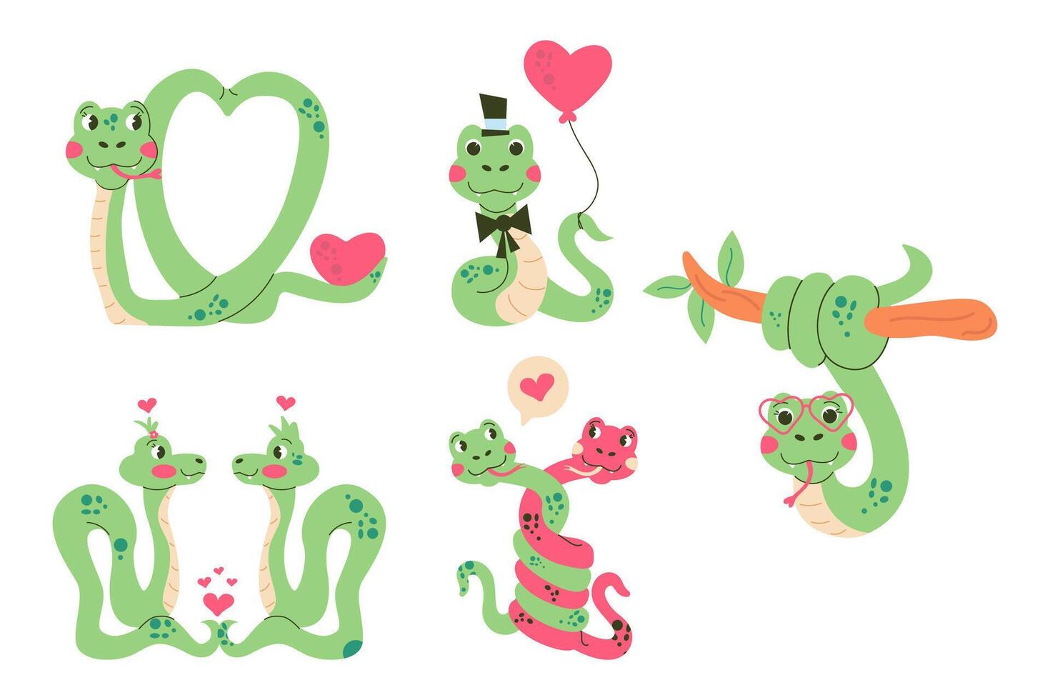 Set cartoon character Valentines day snake hand drawn vector