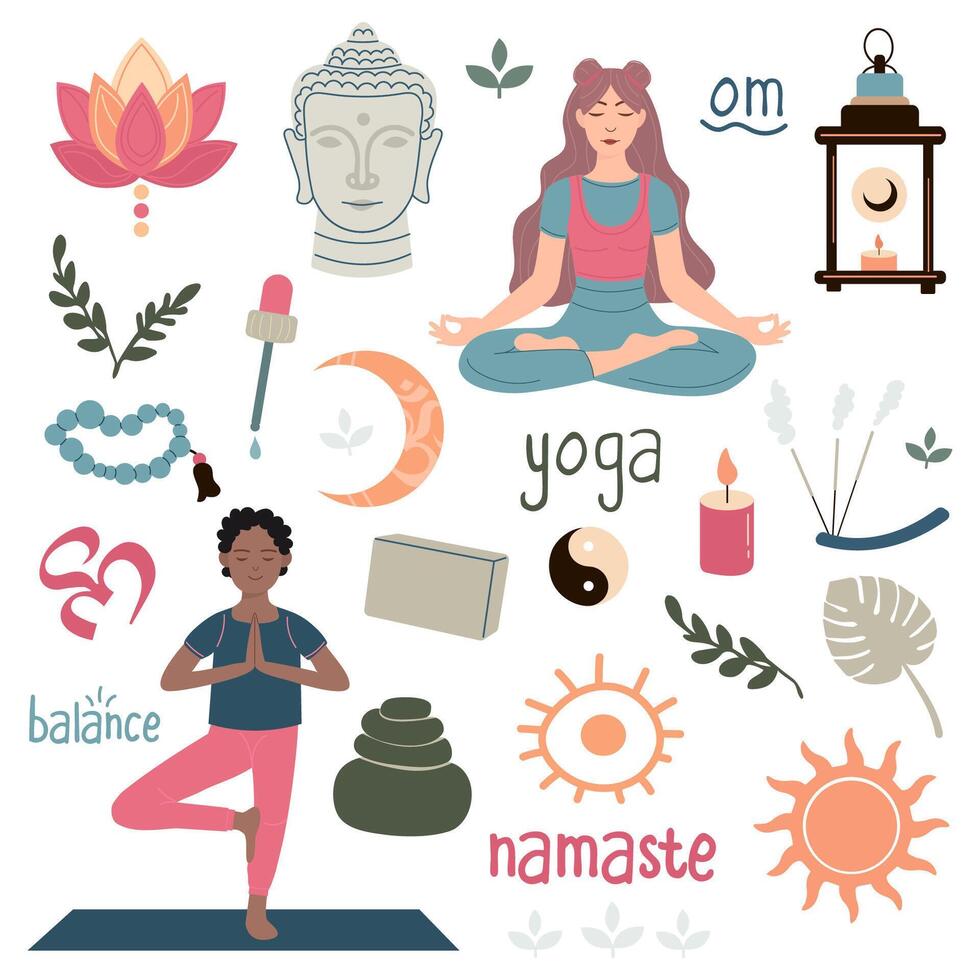 Collection of hand drawn yoga elements vector