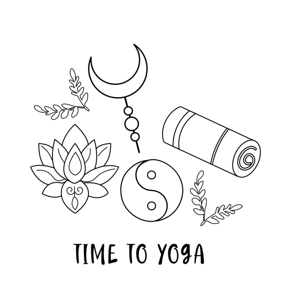 Illustration of outline yoga elements. Time to yoga vector