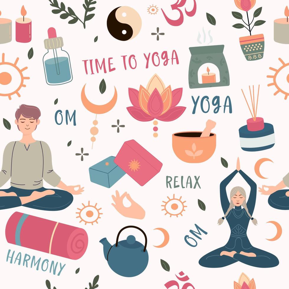 Seamless pattern time yoga elements in flat style vector