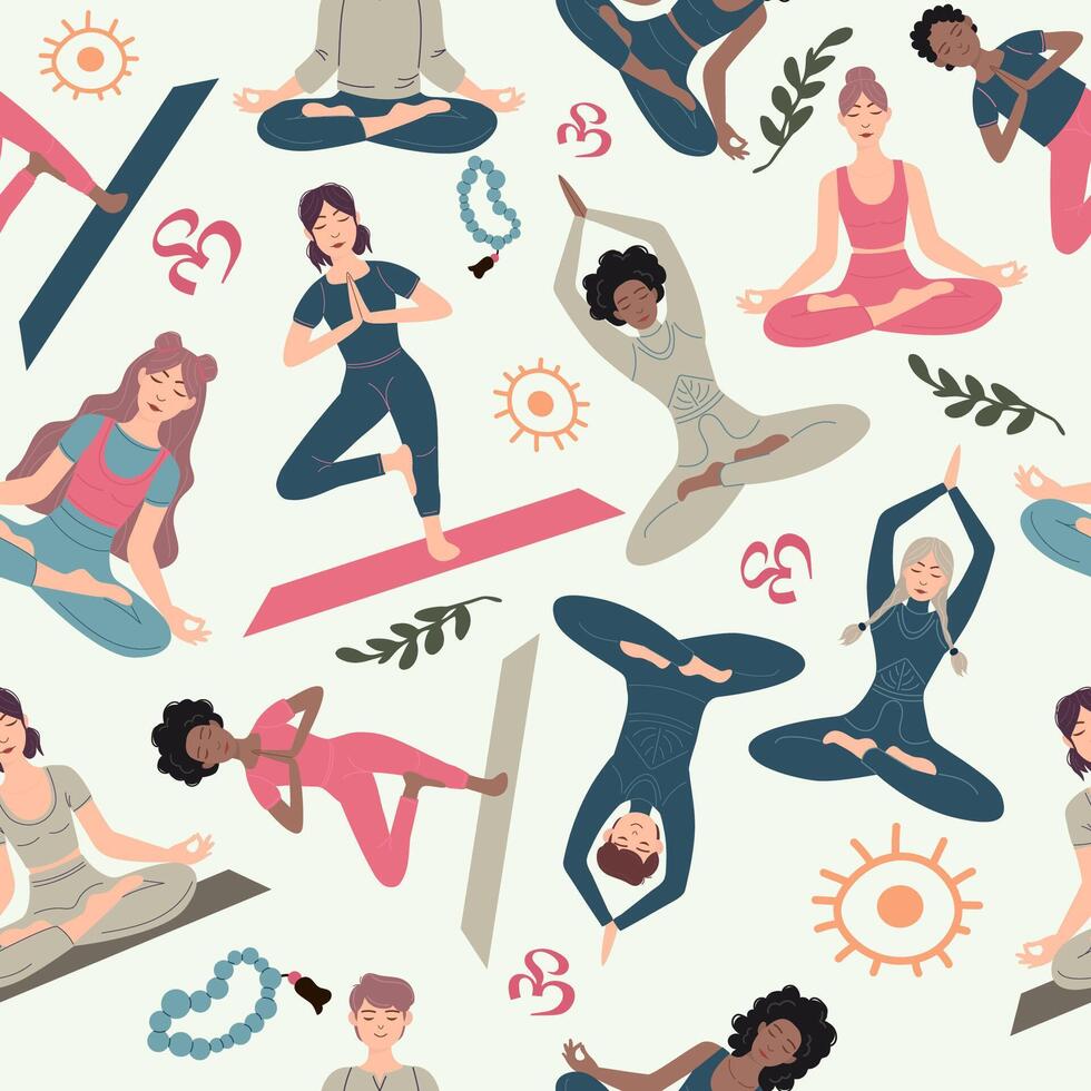 Seamless pattern international people sitting in yoga pose vector