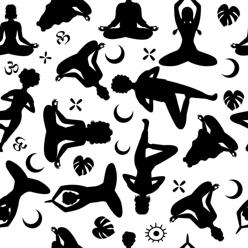 Seamless pattern silhouette of people sitting in yoga pose vector