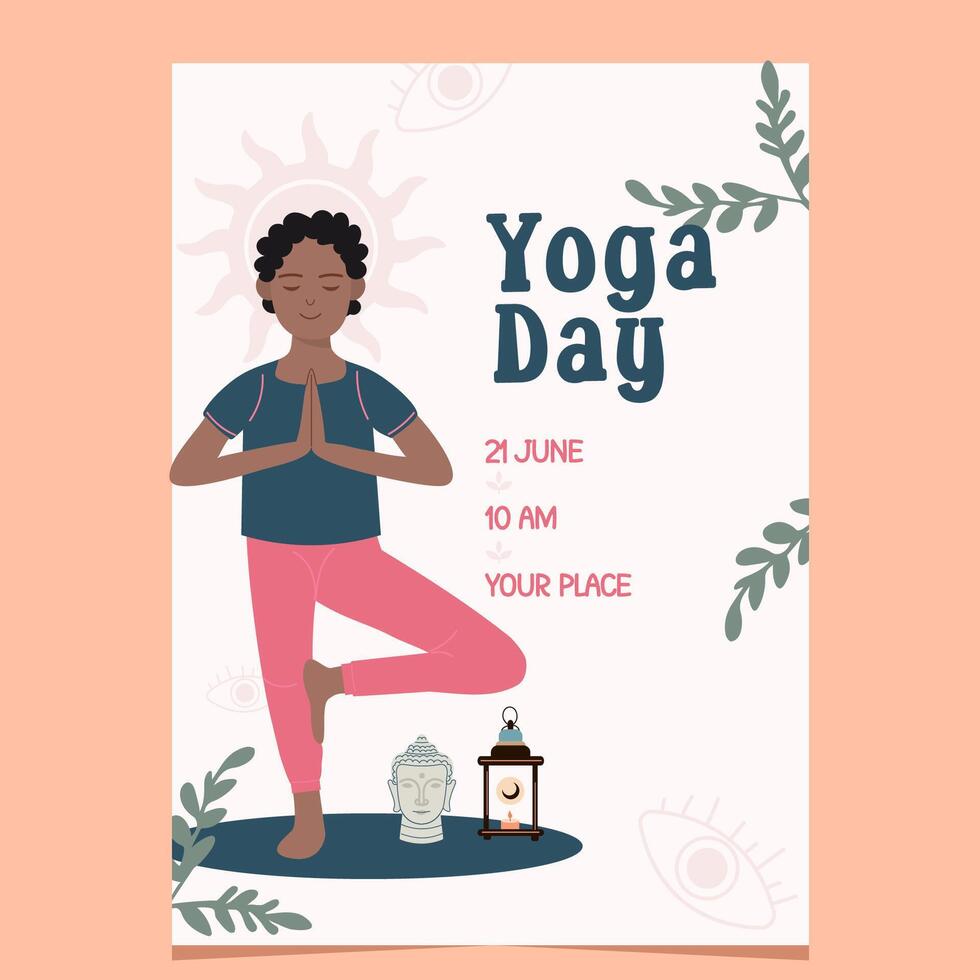 internacional yoga día volantes póster modelo con africano americano hombre vector