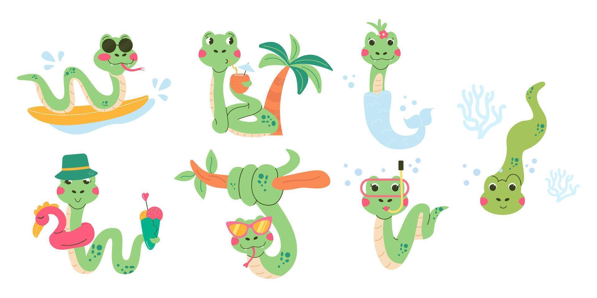 Set cartoon character summer snake hand drawn vector