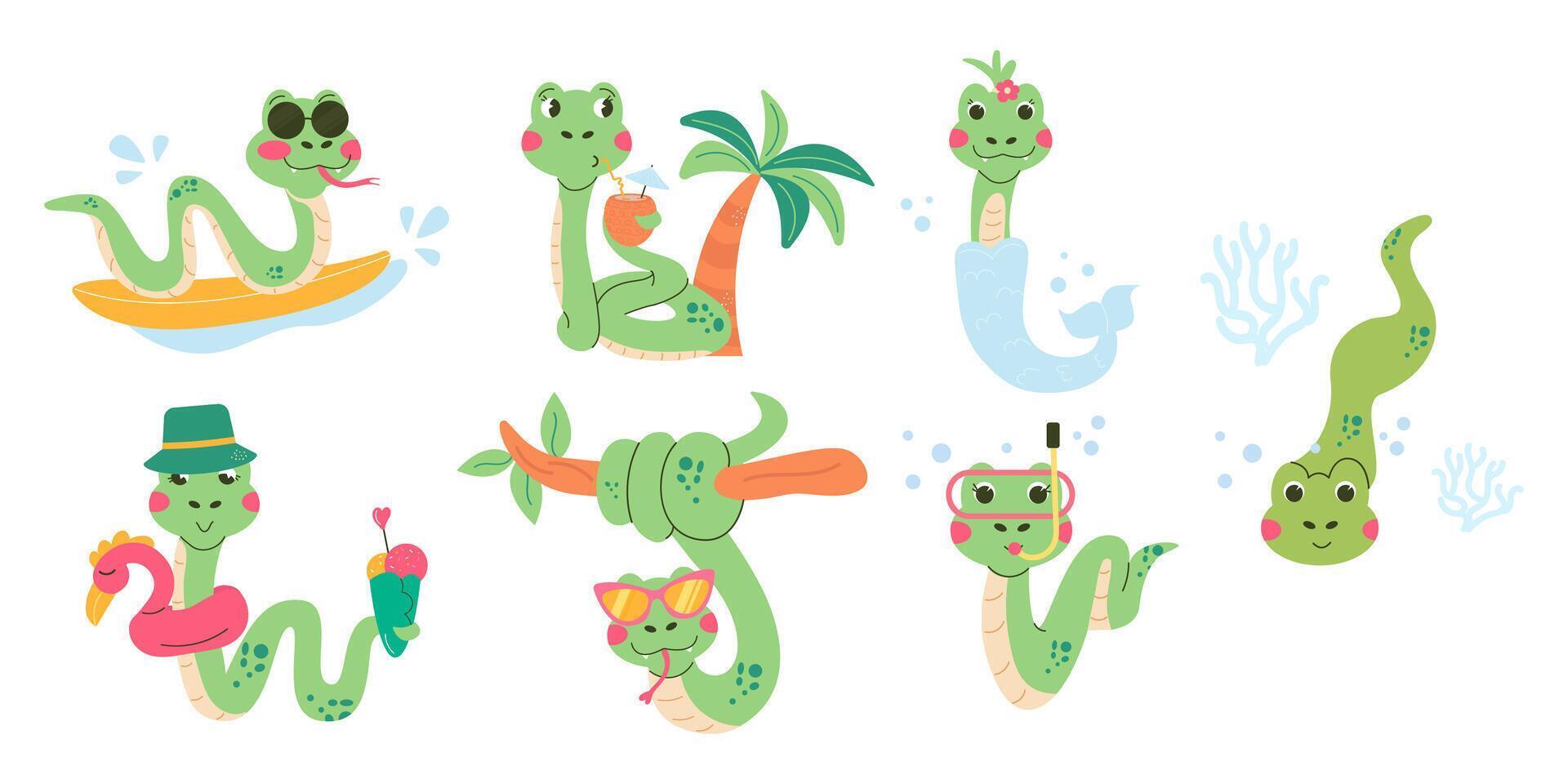 conjunto dibujos animados personaje verano serpiente mano dibujado vector