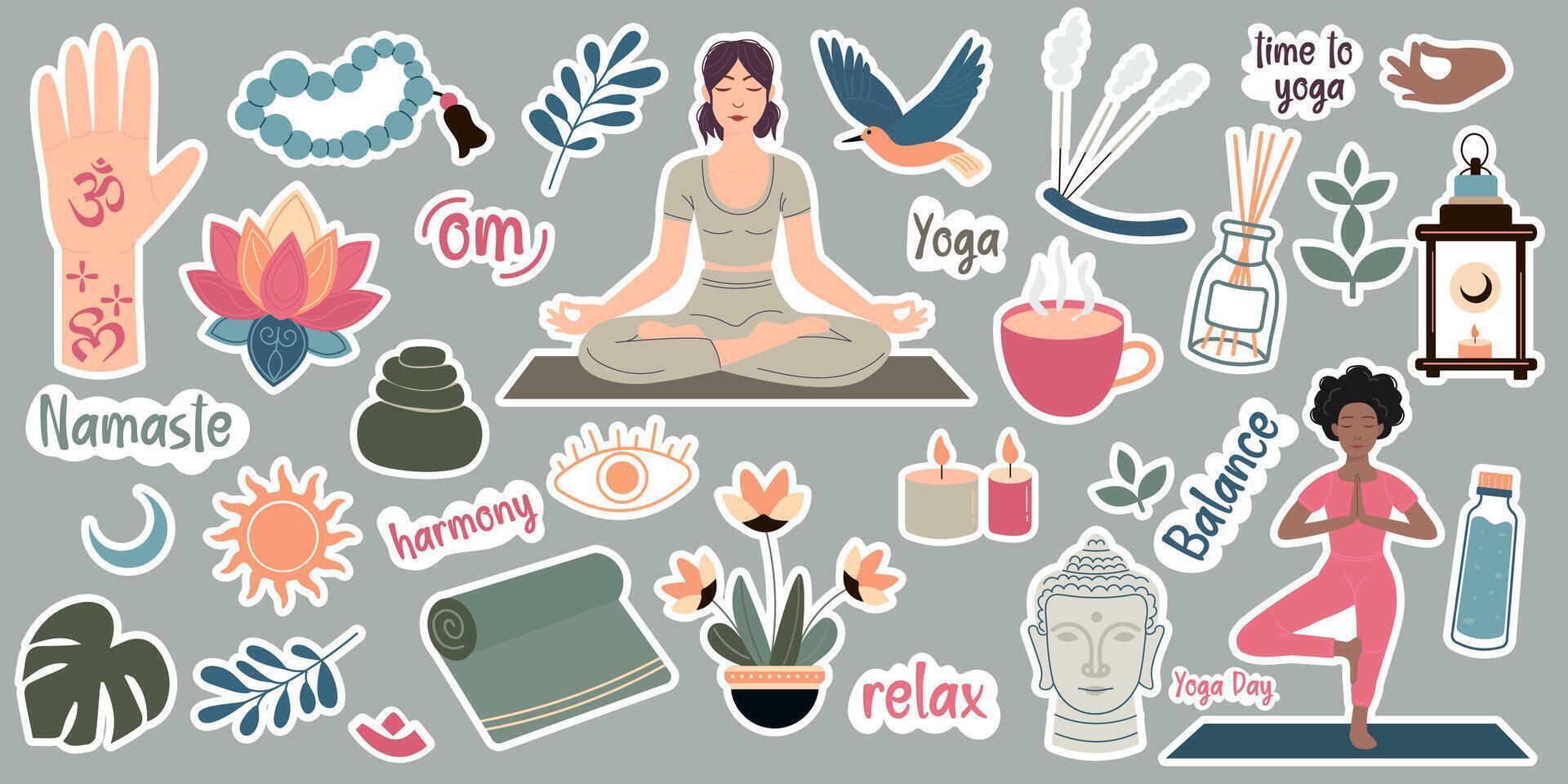 conjunto de yoga pegatinas en plano estilo vector