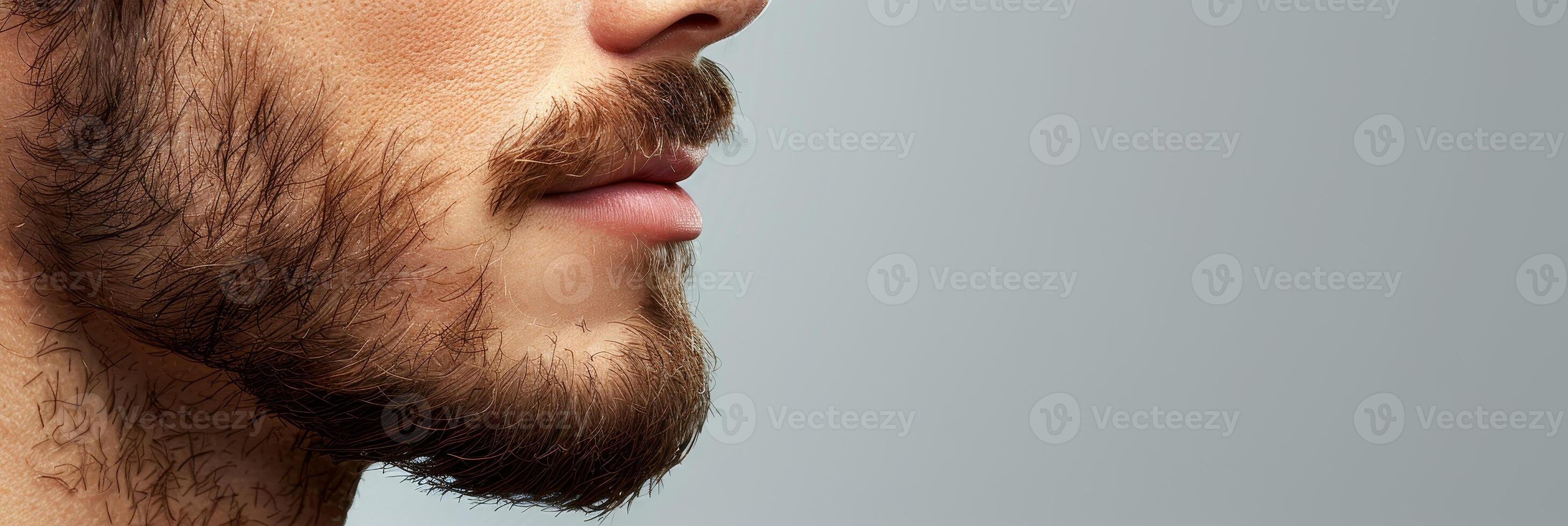 AI generated Modern grooming  close up of stylish man s well kept mustache   beard with space for text photo