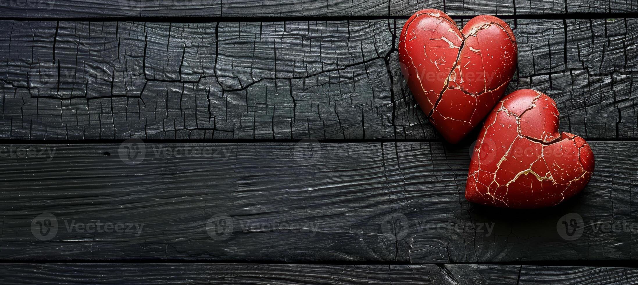 AI generated Cracked red heart on dark wooden background, symbolizing emotional concept and love theme photo