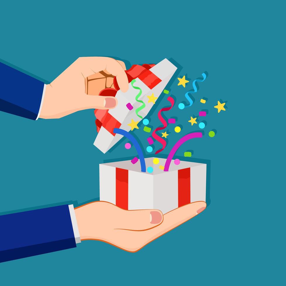 businessman opens a gift box with colorful confetti vector