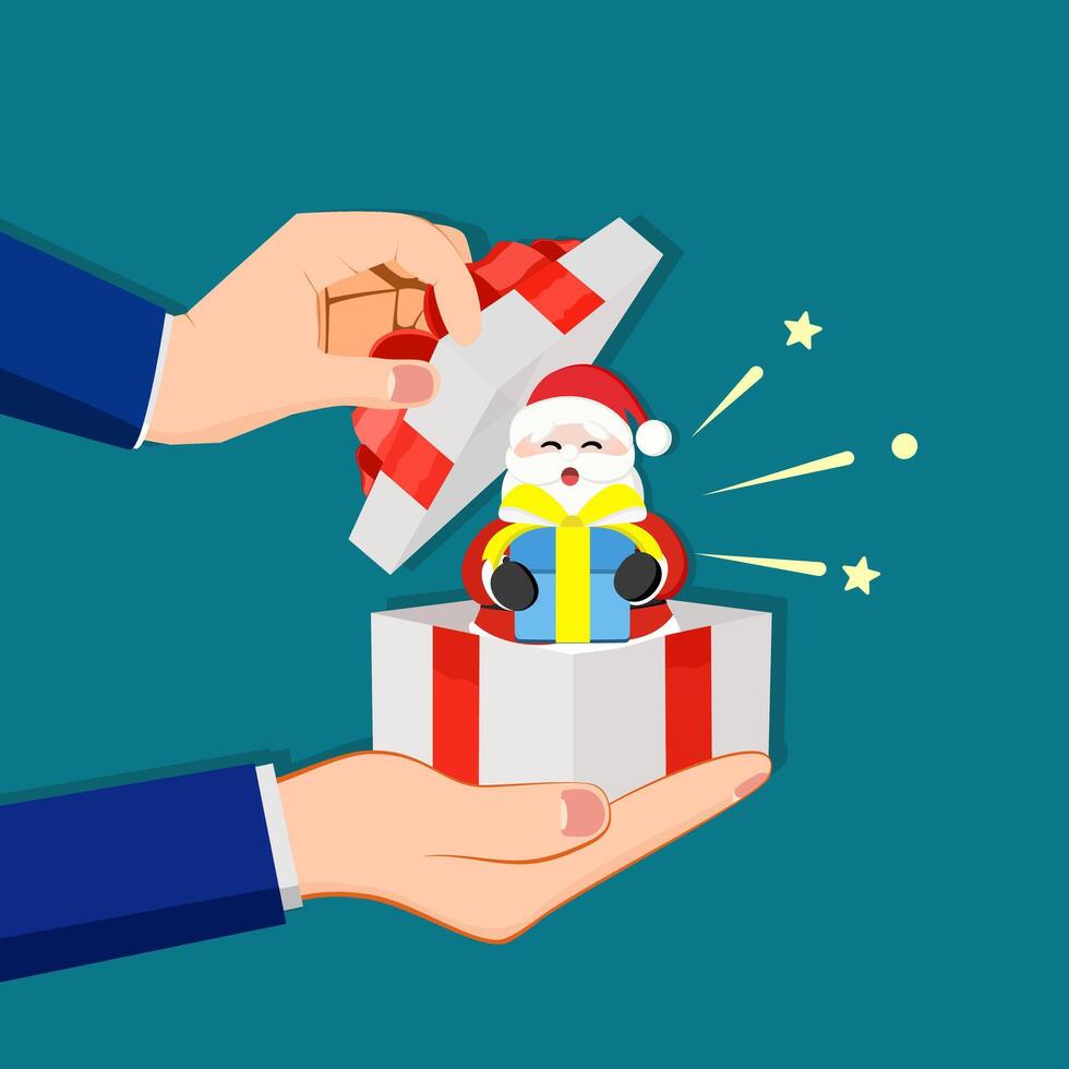 businessman opens a gift box with Santa Claus vector