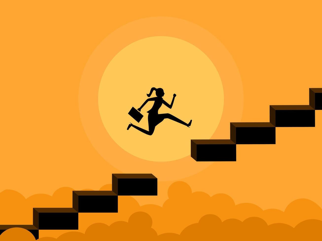 Growing in leaps and bounds. Businesswoman jumping over gaps on stairs vector