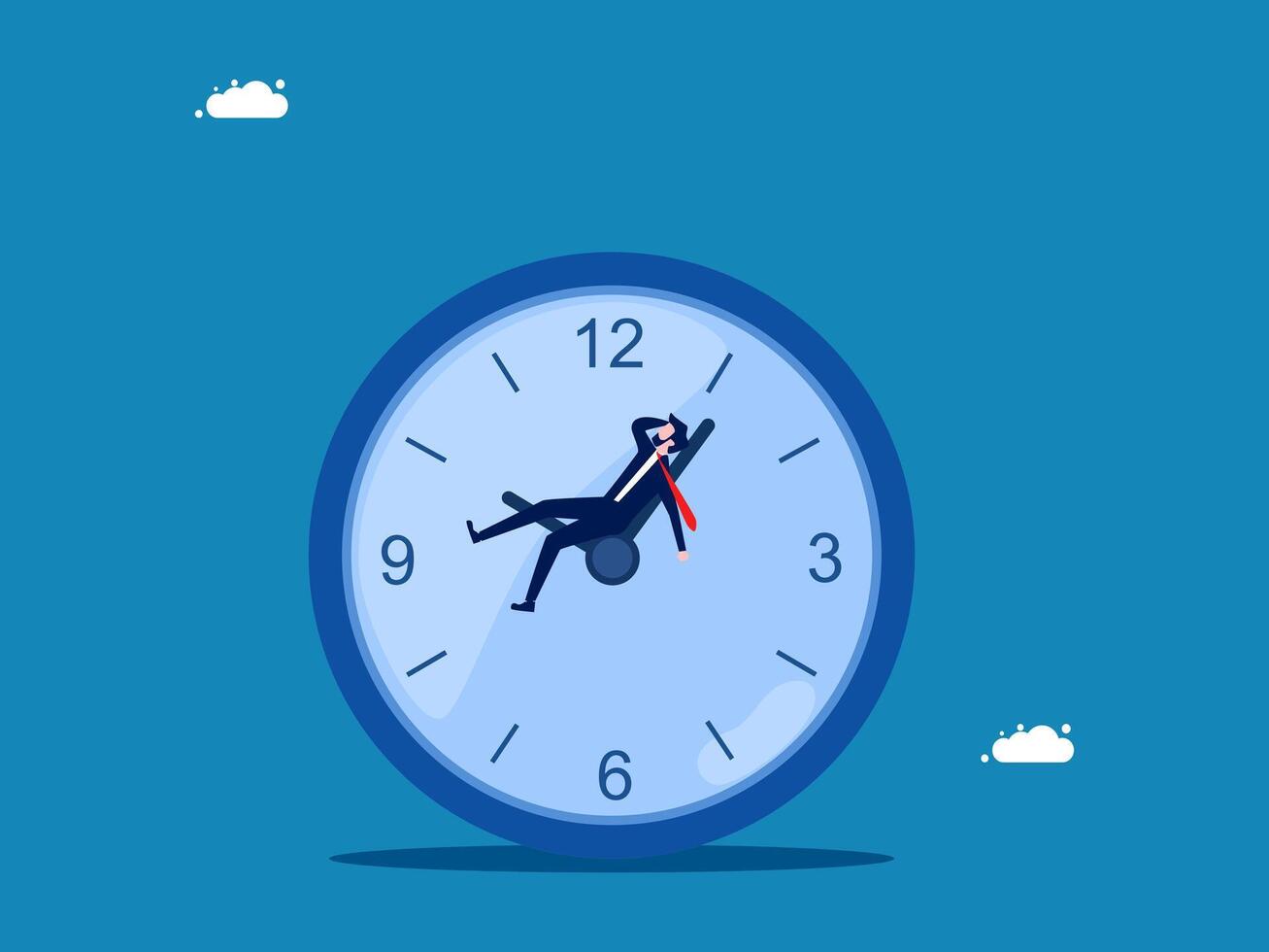 Slow life, procrastination. Undisciplined businessman lying on the work clock vector