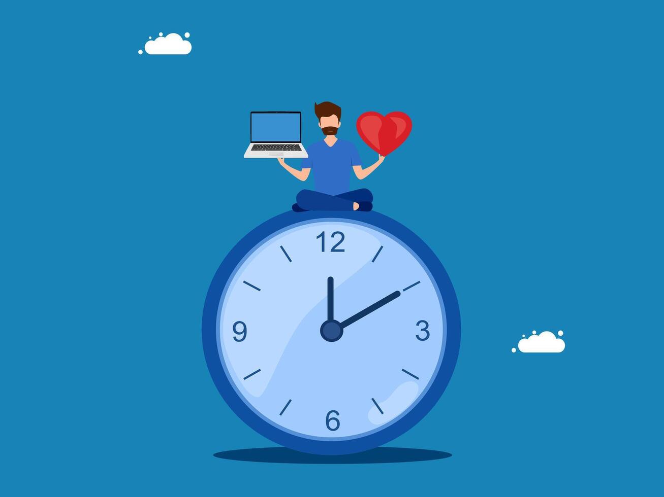 Businessman laptop while doing yoga or meditating on the clock vector