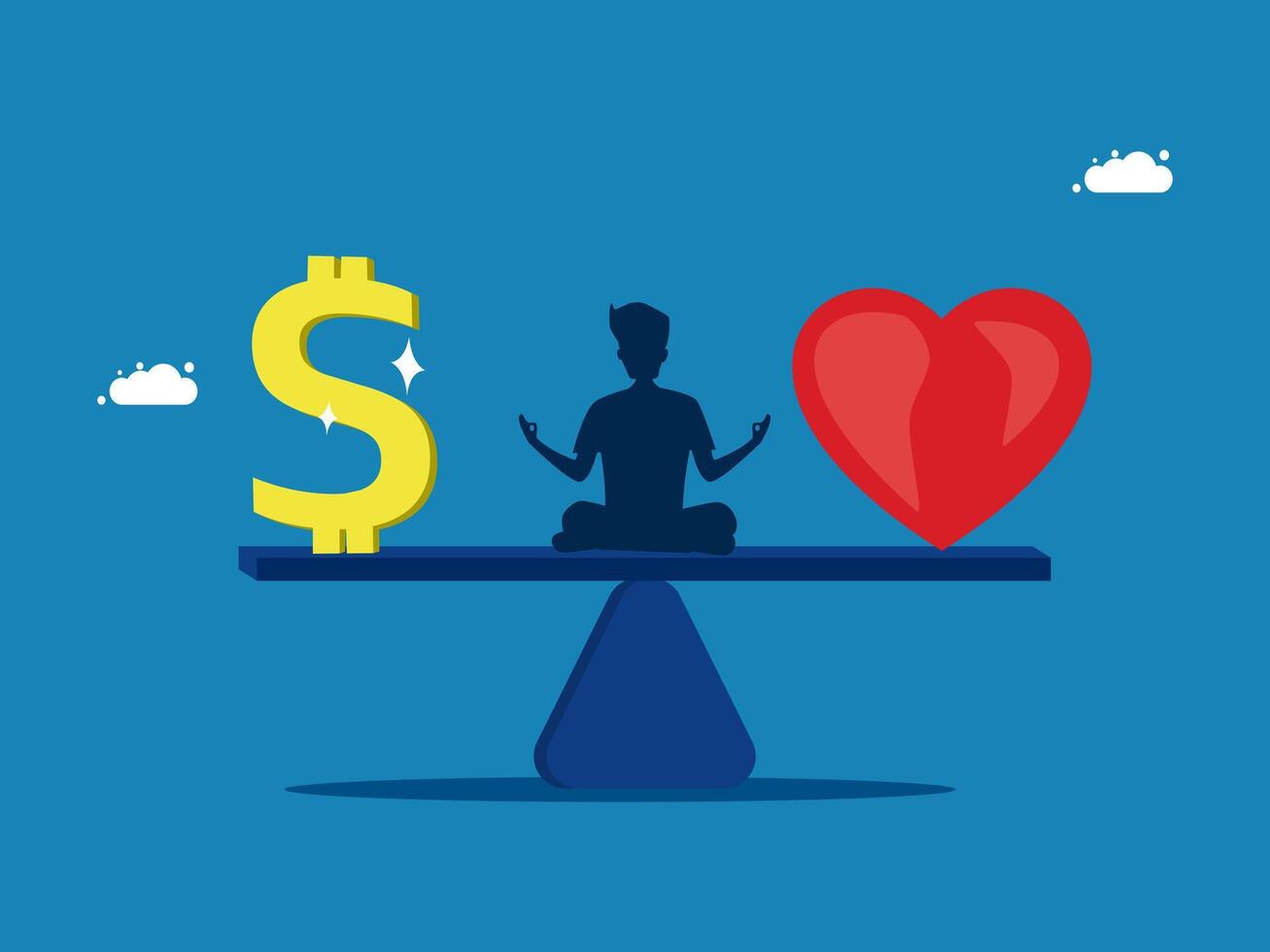 meditating on seesaw, balancing money and heart vector