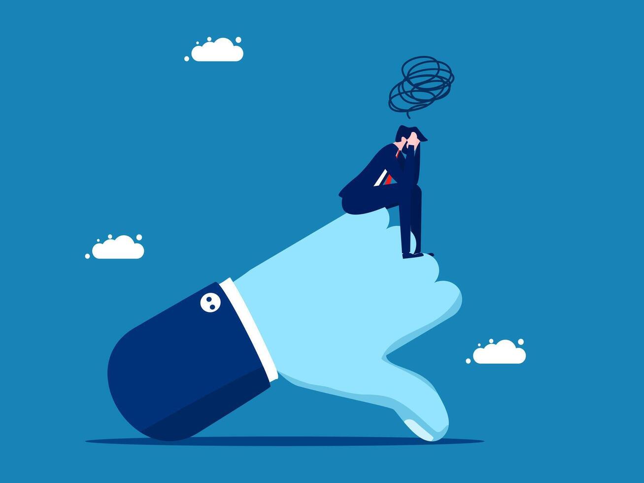 Failures and mistakes. Sad businessman sitting on negative hand sign vector