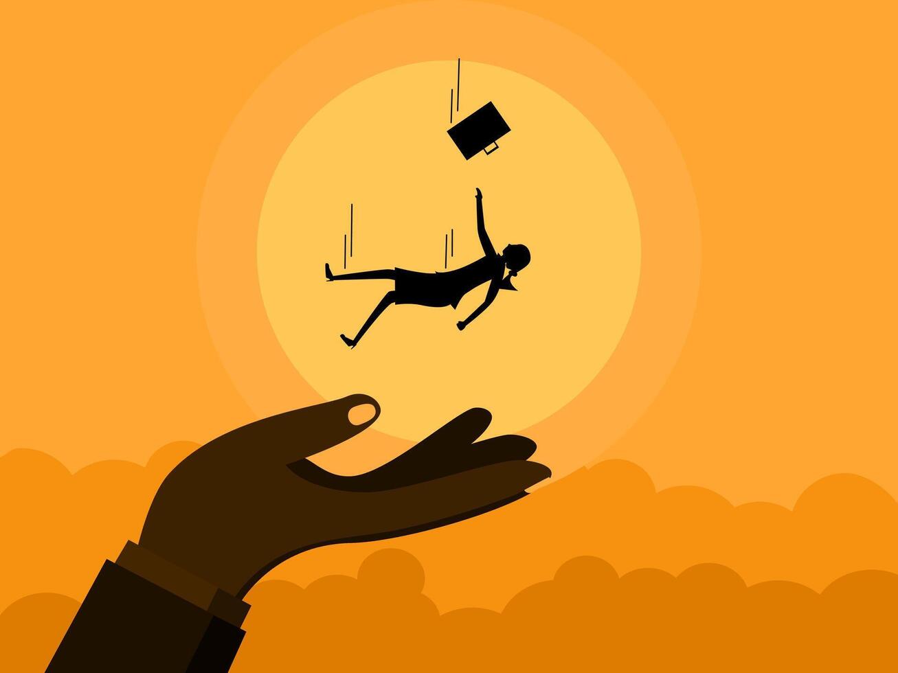 big hand supports a small businesswoman falls from the sky vector