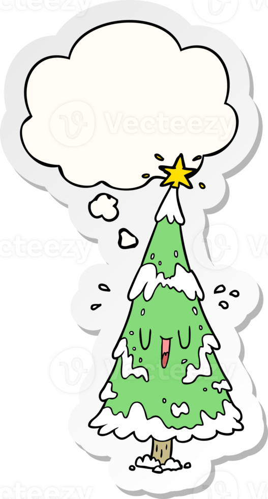 cartoon christmas tree with thought bubble as a printed sticker png