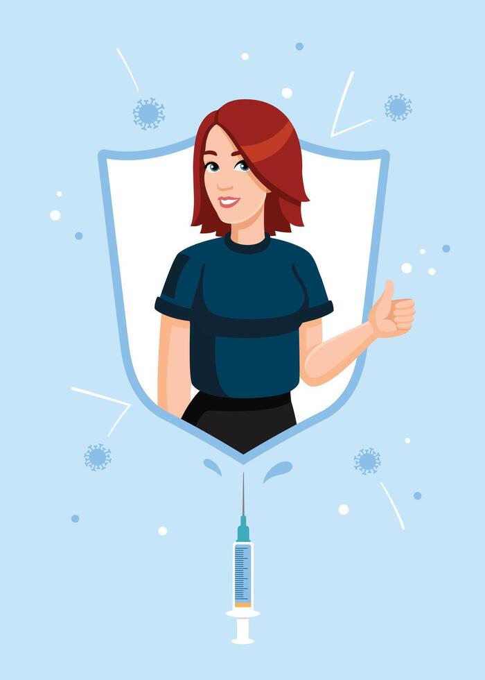 el vacunado mujer es protegido desde infección, virus, gripe, influenza por un inmunidad blindaje. poder de vacunación concepto. vacunado chica, gente. vector ilustración, plano estilo.