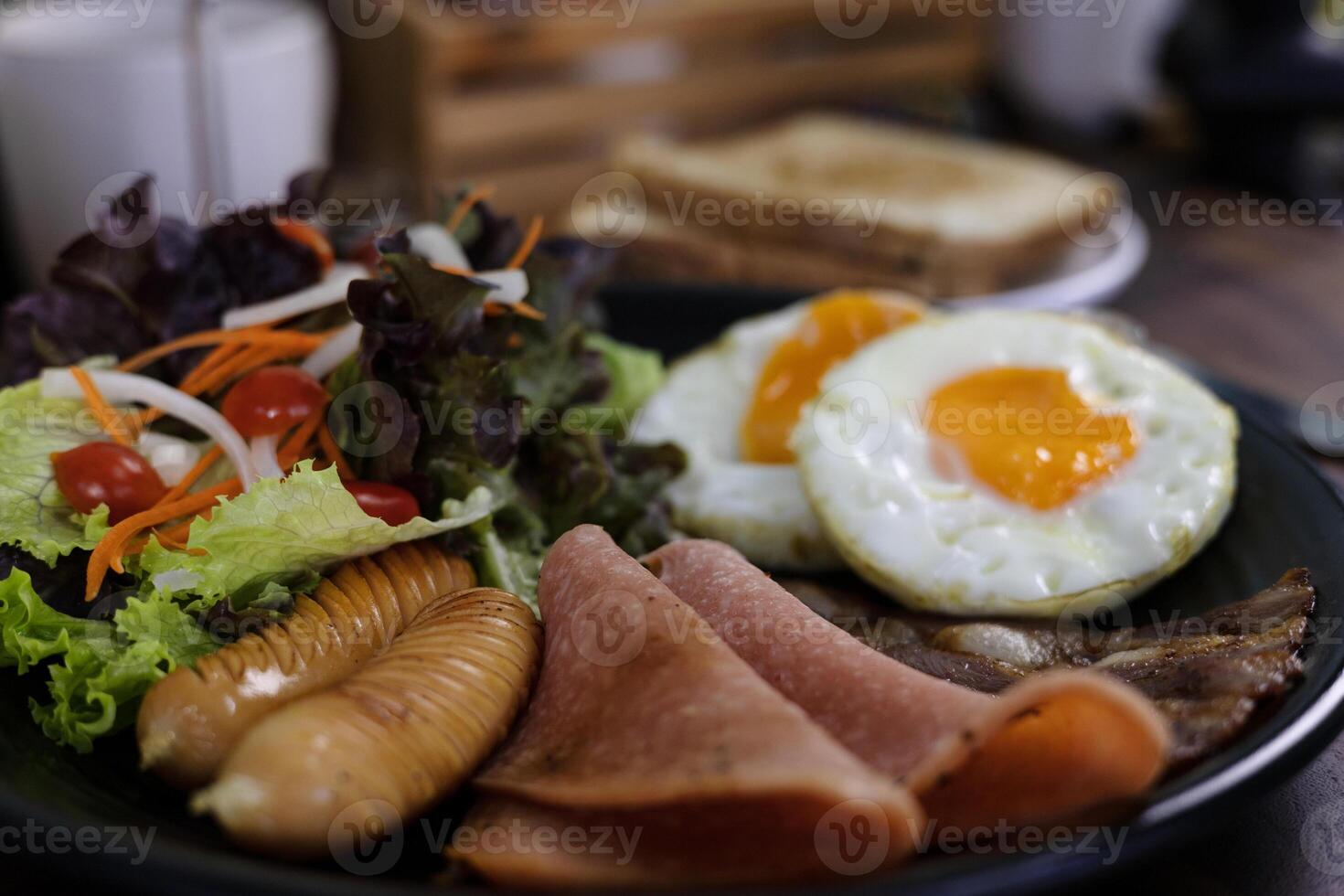 Healthy Breakfast With Fresh Organic Vegetable Salad Fried Egg And Sausages photo