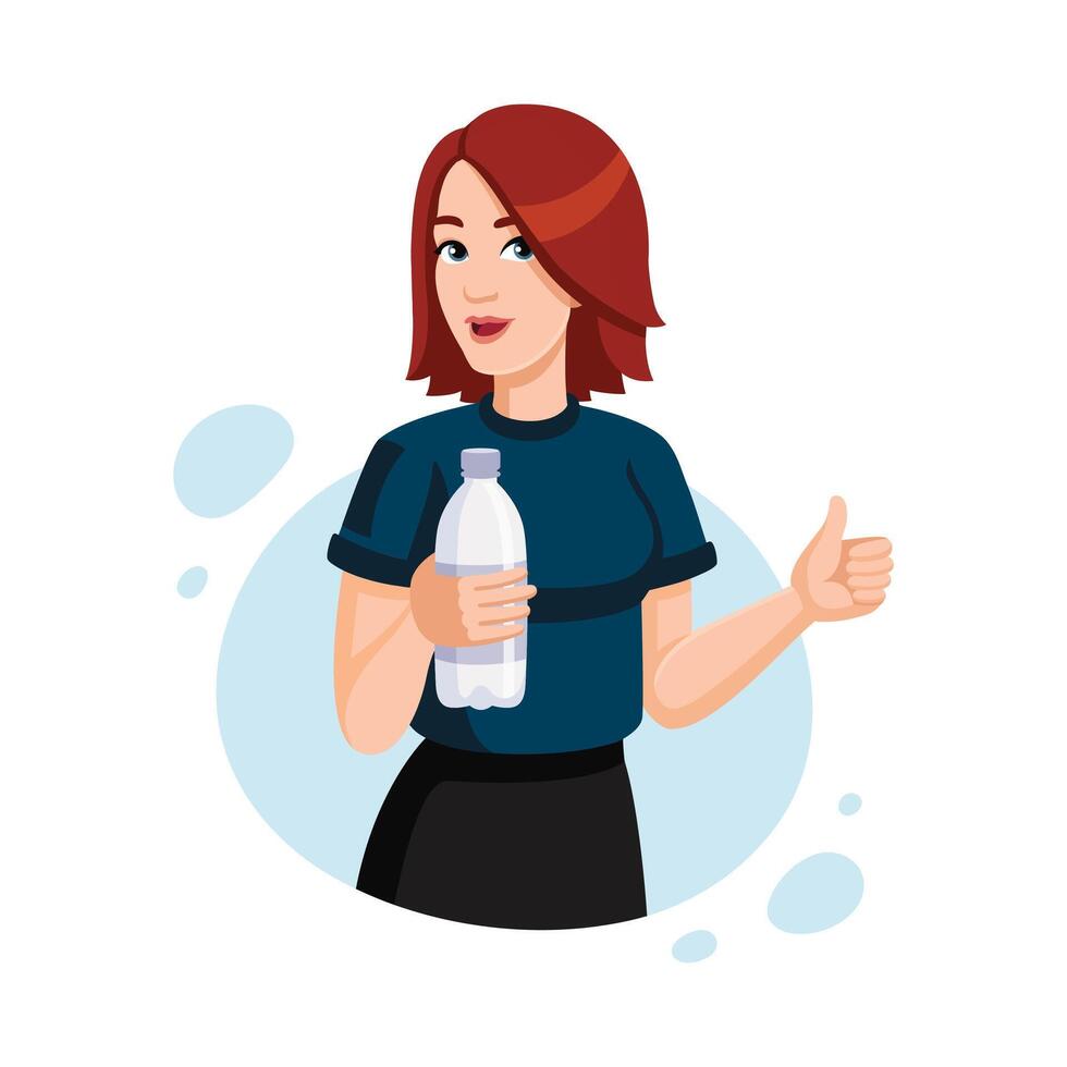 joven pelirrojo mujer sostiene botella de agua. hembra deportivo personaje con agua botella demostración pulgares arriba. bebida más agua concepto. plano vector ilustración.