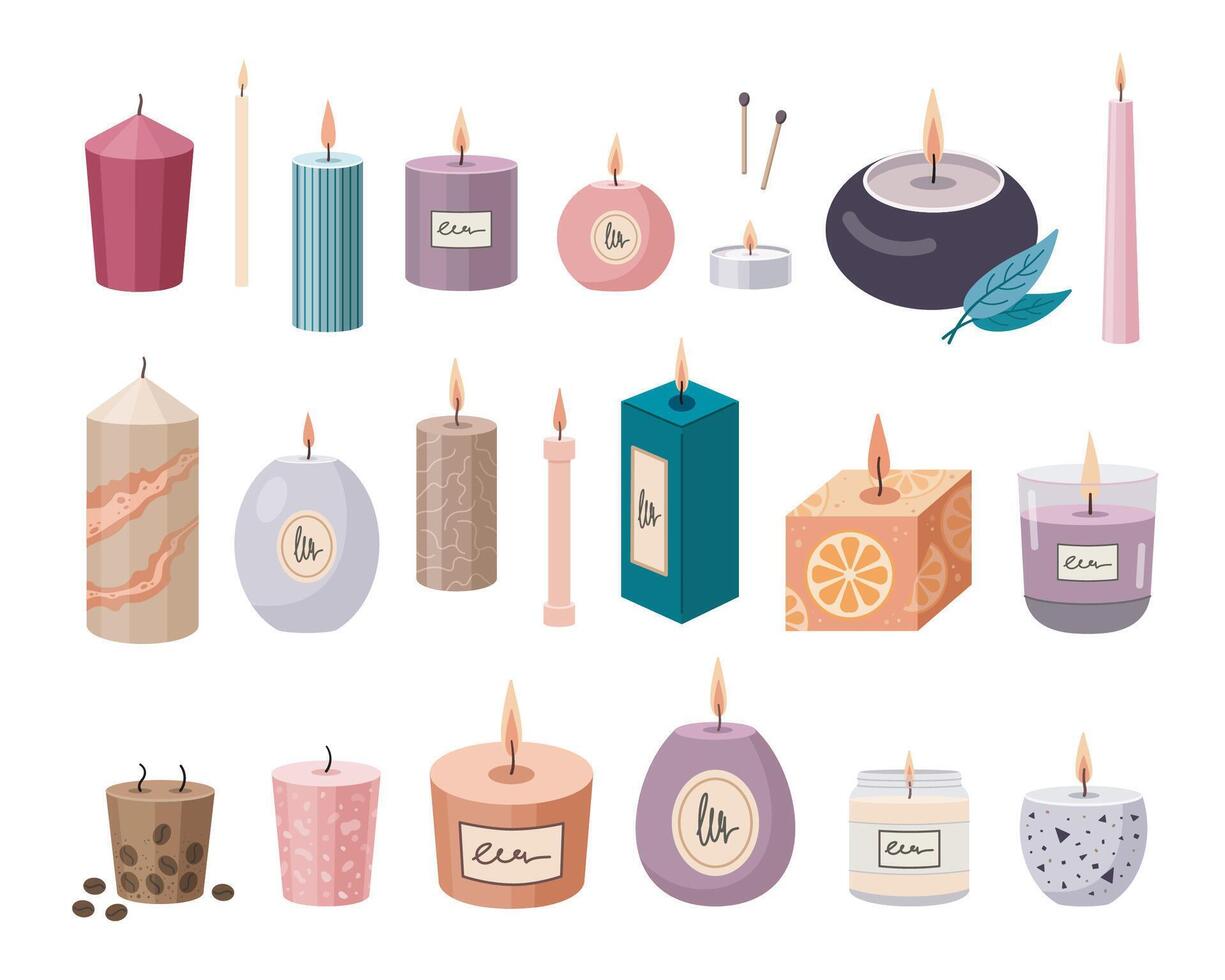 Aromatherapy candles set. Various candles isolated on white background. Hand drawn Vector illustration. Different burning candles collection. Hand crafted candles. Flat design