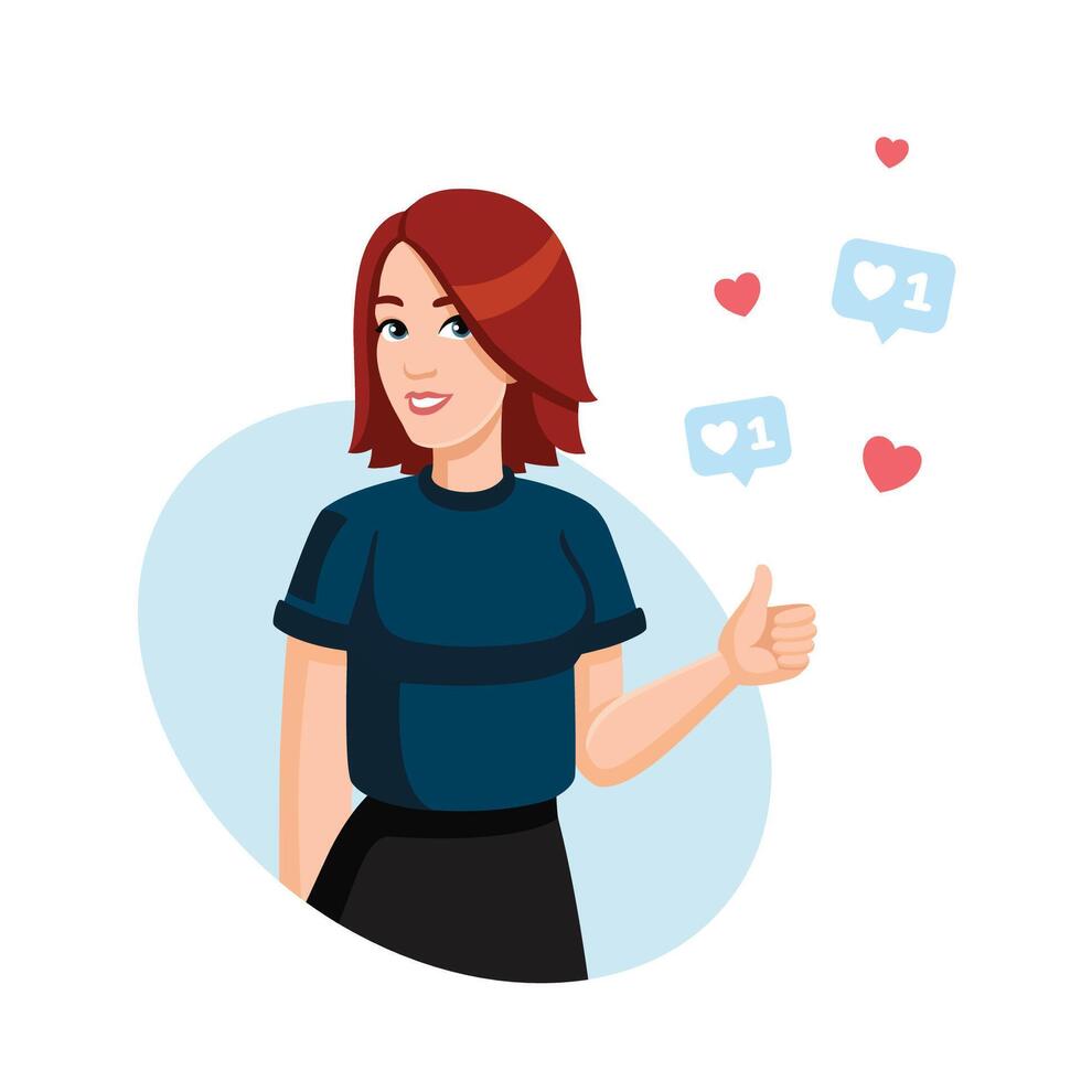 Happy Young Woman Shows thumbs up. Person show Thumb Up Sign. Female Character with Positive Face Expression. Approval concept. Likes on social networks. Vector flat illustration cartoon style.
