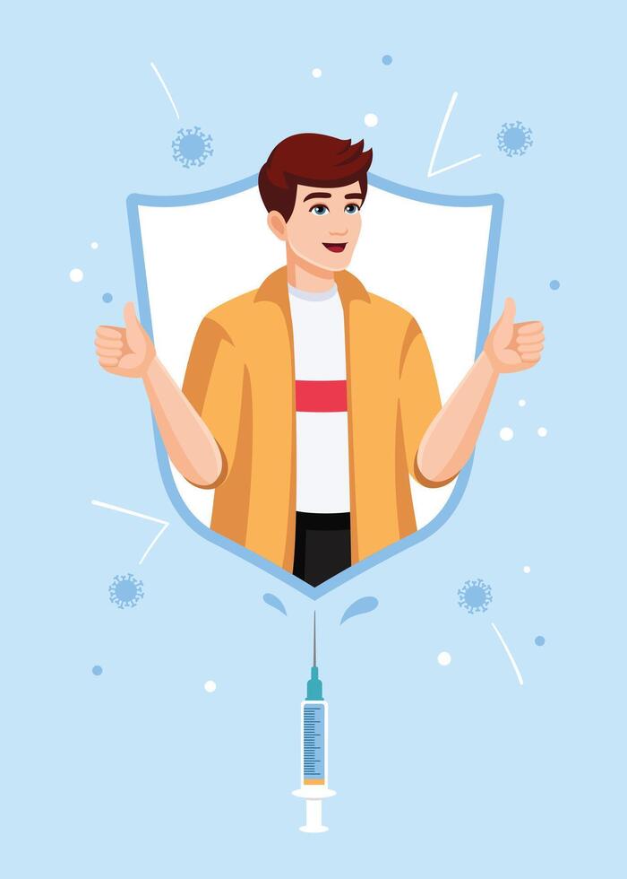 The vaccinated man, boy is protected from infection, virus, flu, influenza by an immunity shield. Power of vaccination concept. Vaccinated person, people. Vector illustration, flat style.