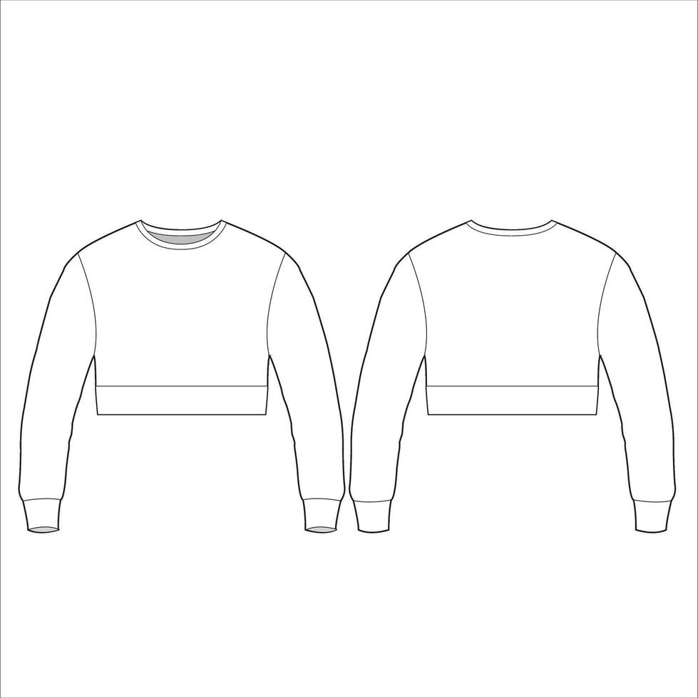 Cropped Hoodie Sweatshirt technical fashion illustration. Oversize Sweatshirt fashion technical drawing template, zip-up, long sleeve, front and back view, white, women, men, unisex cad mockup set. vector