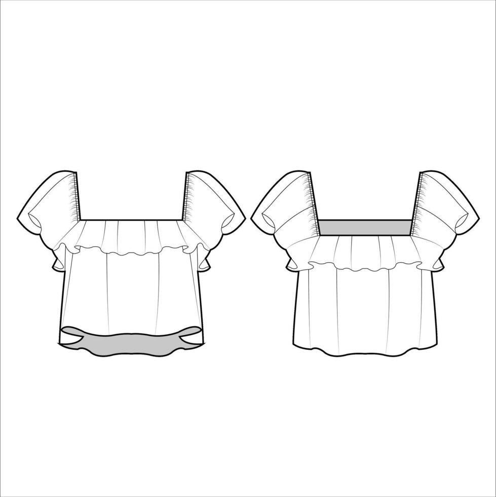 Vector long sleeved top with gathering details fashion CAD, woman cropped square neck blouse with frill details technical drawing, template, mock up, sketch. Blouse flat, front, back view, white color