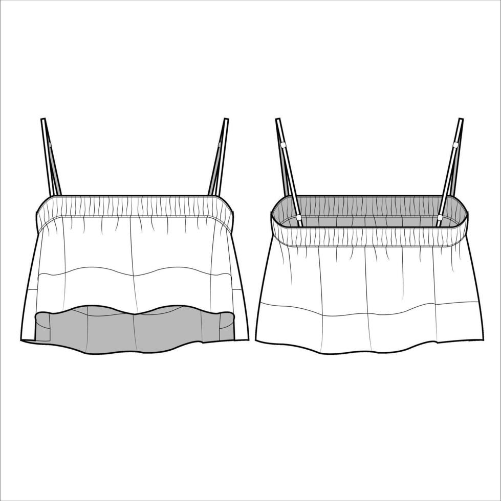 Vector long sleeved top with gathering details fashion CAD, woman cropped square neck blouse with frill details technical drawing, template, mock up, sketch. Blouse flat, front, back view, white color