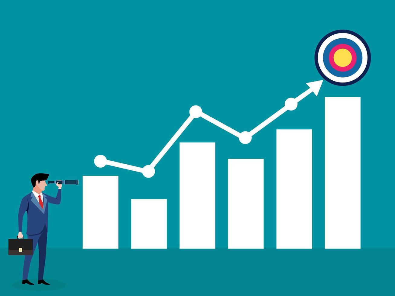 businessman looks at a graph using a telescope and a target vector