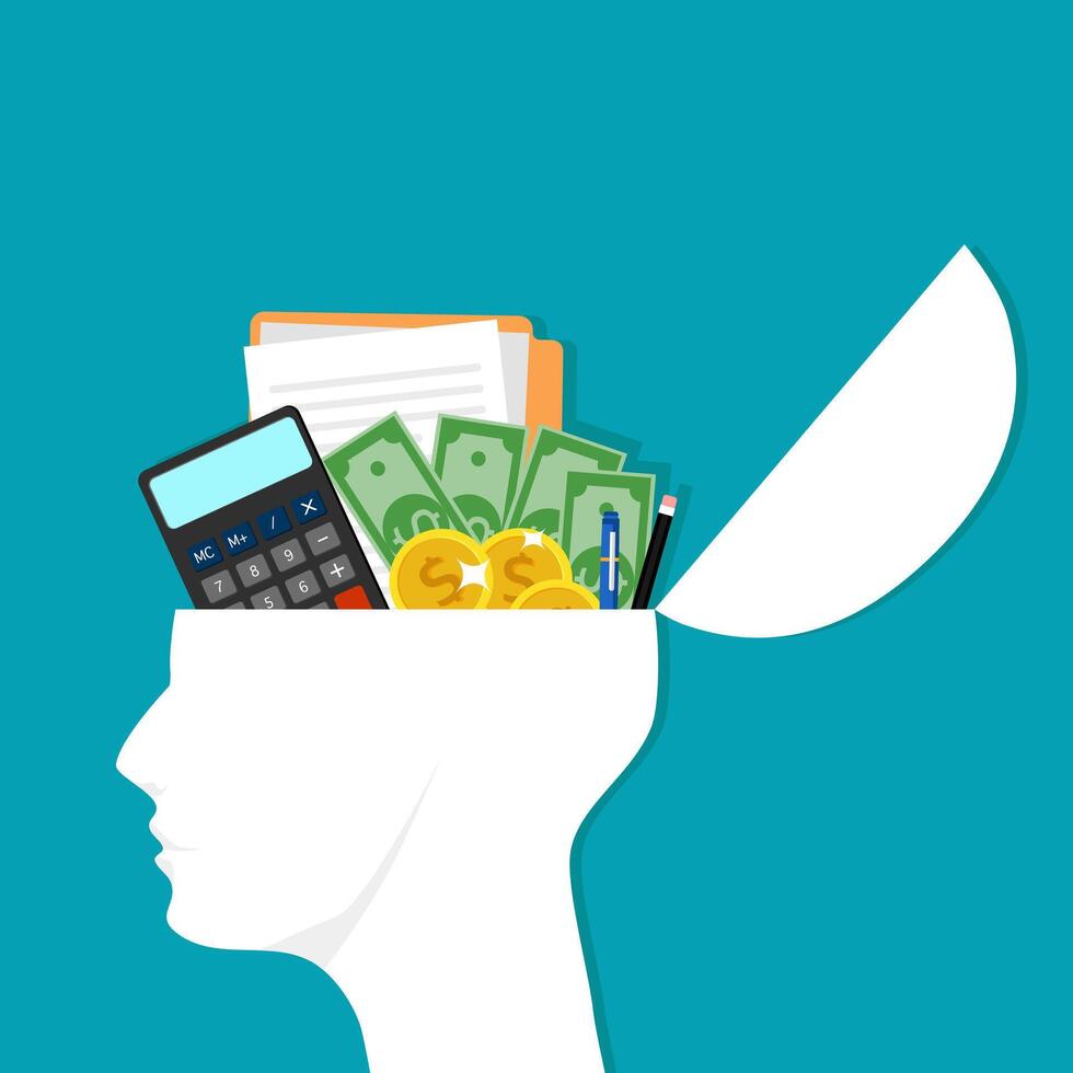 cabeza y finanzas. abierto el cerebro de un empresario con un pila de dinero vector